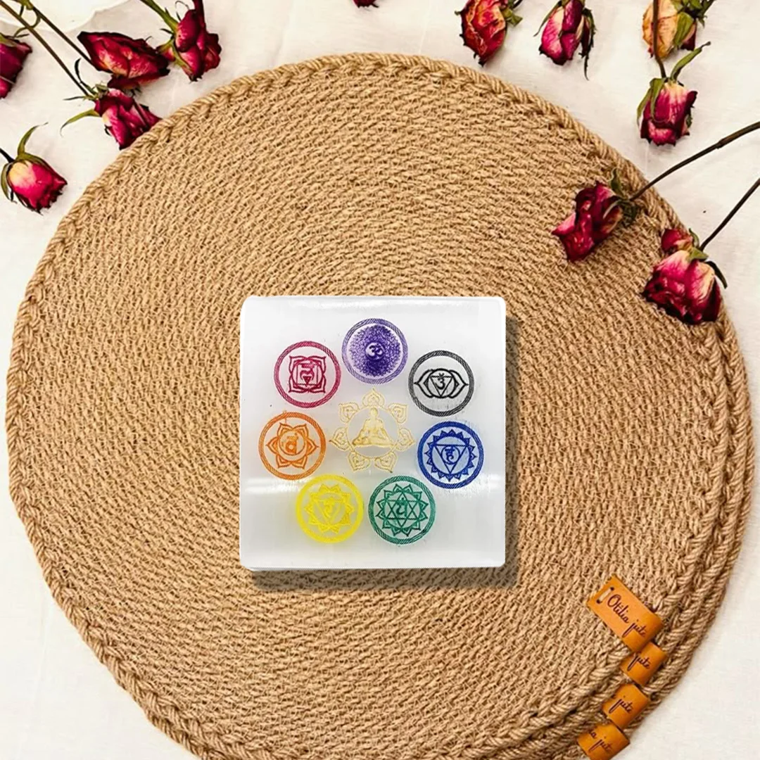 Seven Chakra Engraved Symbols Selenite Charging Plate Square Shape rratnaidhii