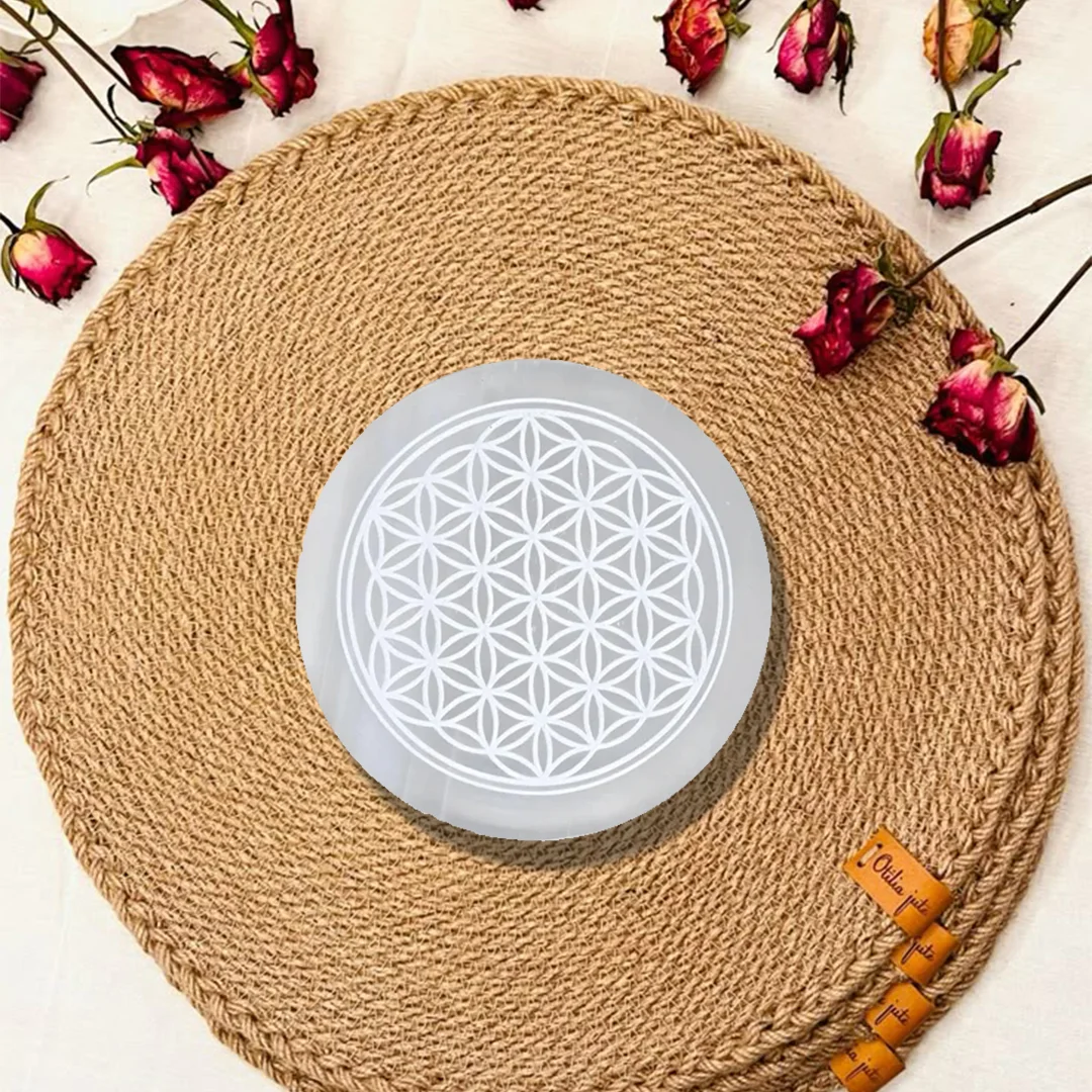 Flower of Life Selenite Charging Plate Round Shape rratnaidhii