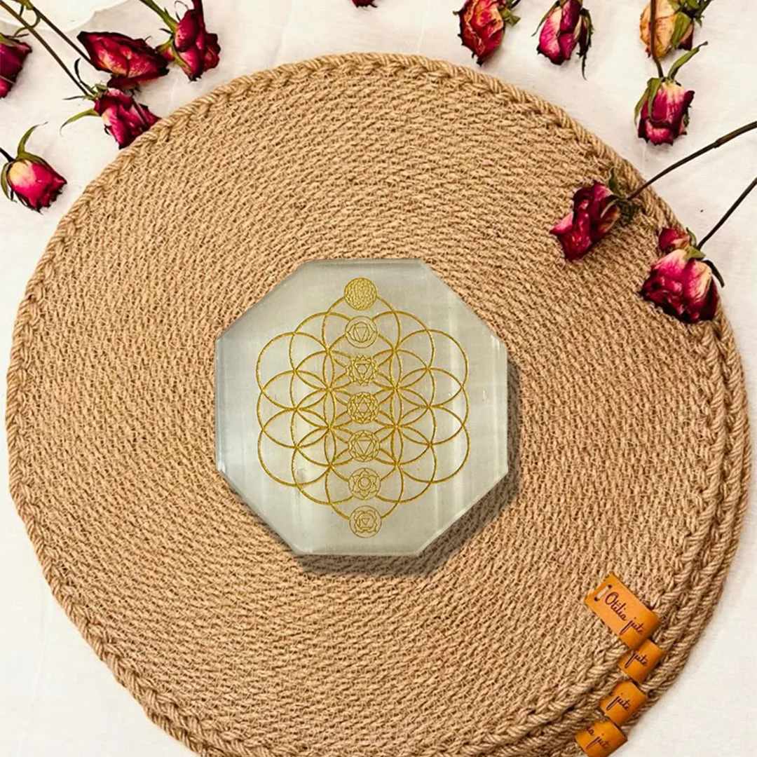 Hexagon Engraved with Flower of Life Selenite Charging Plate rratnaidhii