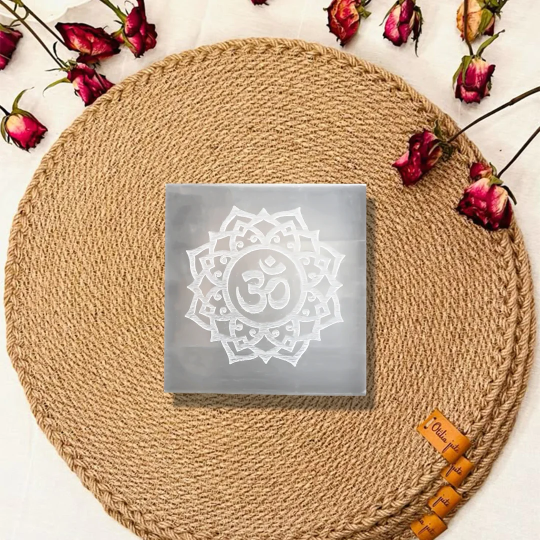 Om Flower Of Life Selenite Charging Plate Square Shape rratnaidhii