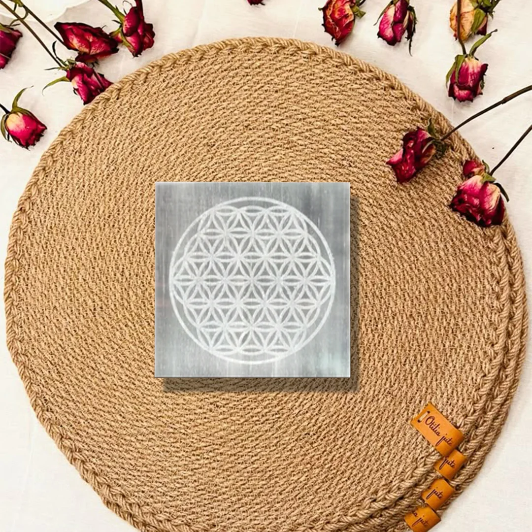 Flower Of Life Selenite Charging Plate Square Shape rratnaidhii