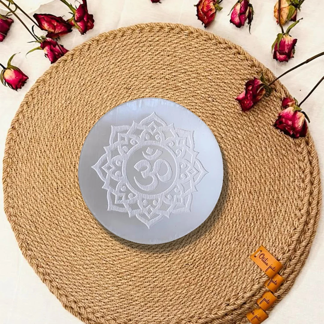 Om Symbol Selenite Charging Plate Round Shape rratnaidhii