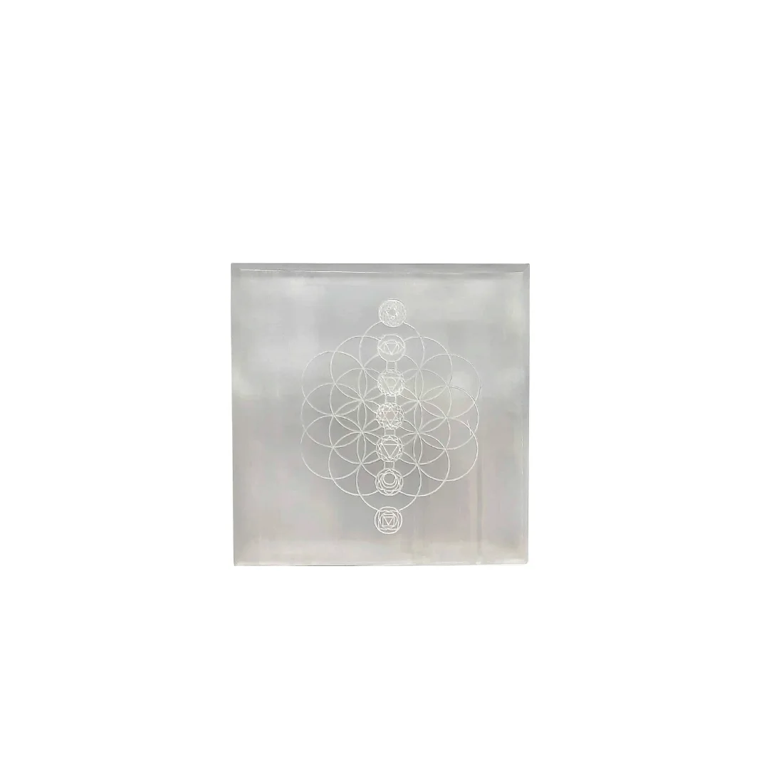 Om Flower Of Life Selenite Charging Plate Square Shape rratnaidhii