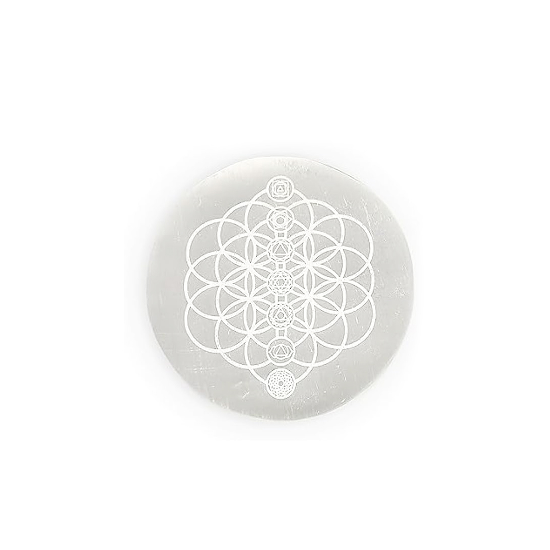 Seven Chakra Meditation Symbol Selenite Charging Plate Round Shape rratnaidhii