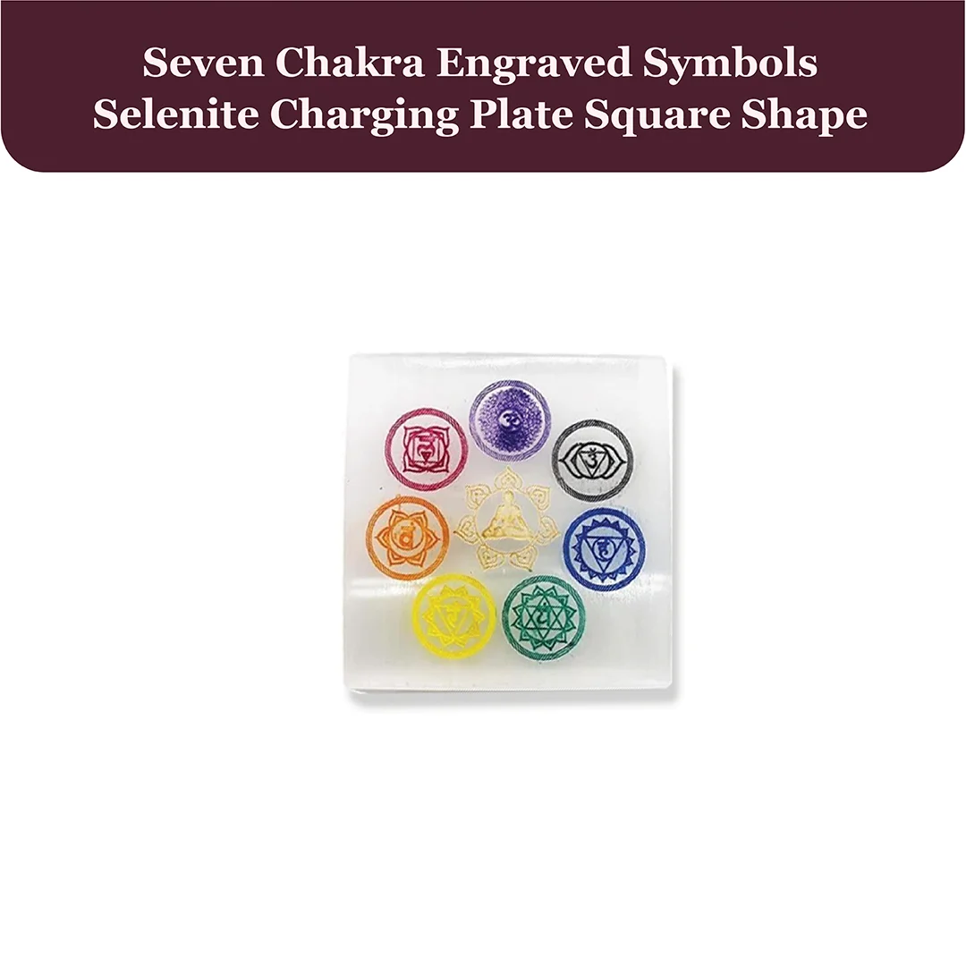 Seven Chakra Engraved Symbols Selenite Charging Plate Square Shape