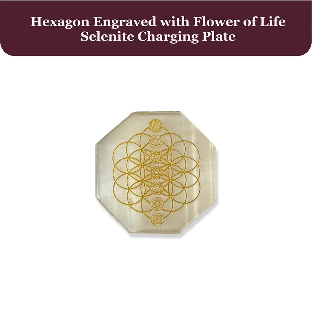 Hexagon Engraved with Flower of Life Selenite Charging Plate