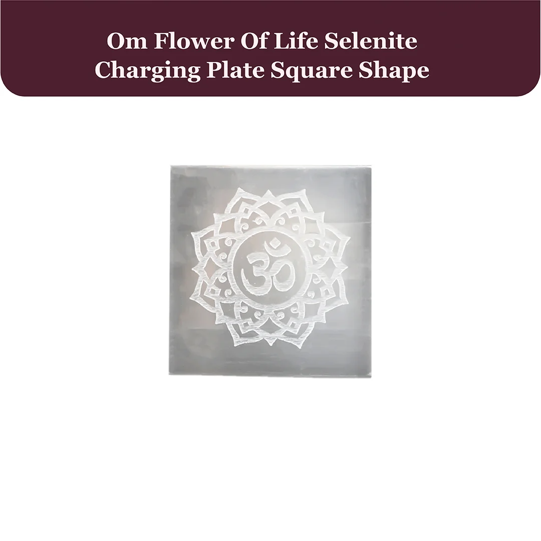 Om Flower Of Life Selenite Charging Plate Square Shape