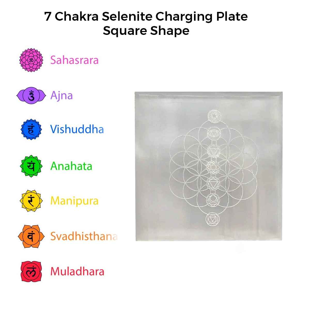 7 Chakra Selenite Charging Plate (Square) By Rratnanidhii