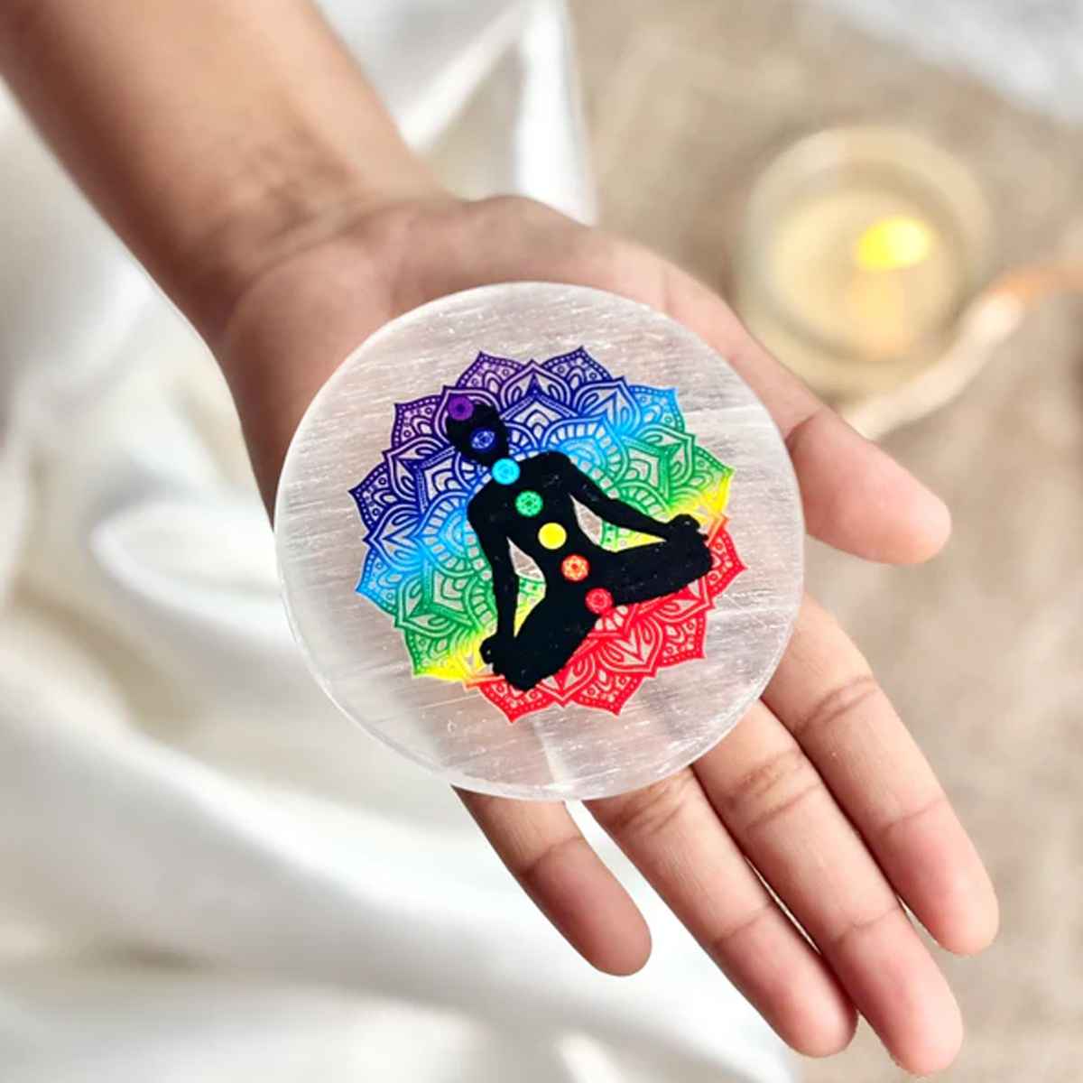 Seven Chakra Meditation Symbol Selenite Charging Plate By Rratnanidhii