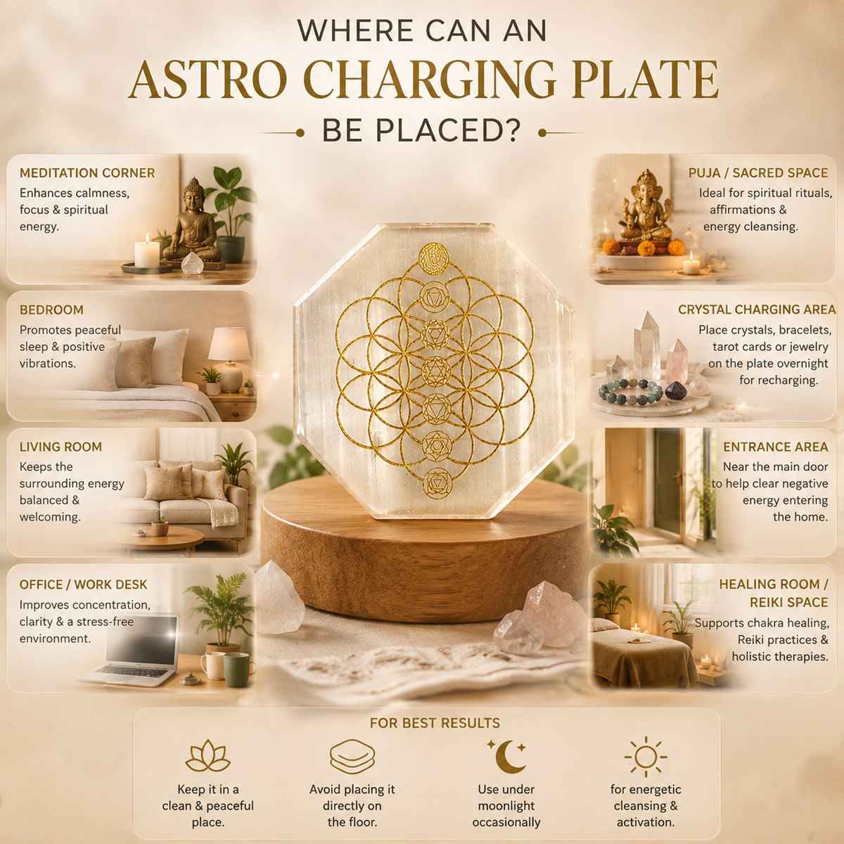 Hexagon Engraved Flower of Life Selenite Plate By Ratnanidhii