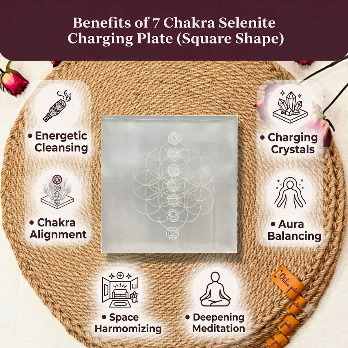 7 Chakra Selenite Charging Plate (Square) By Rratnanidhii