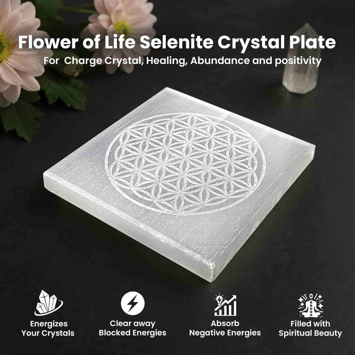 Flower Of Life Selenite Charging Plate (Square) By Rratnanidhii