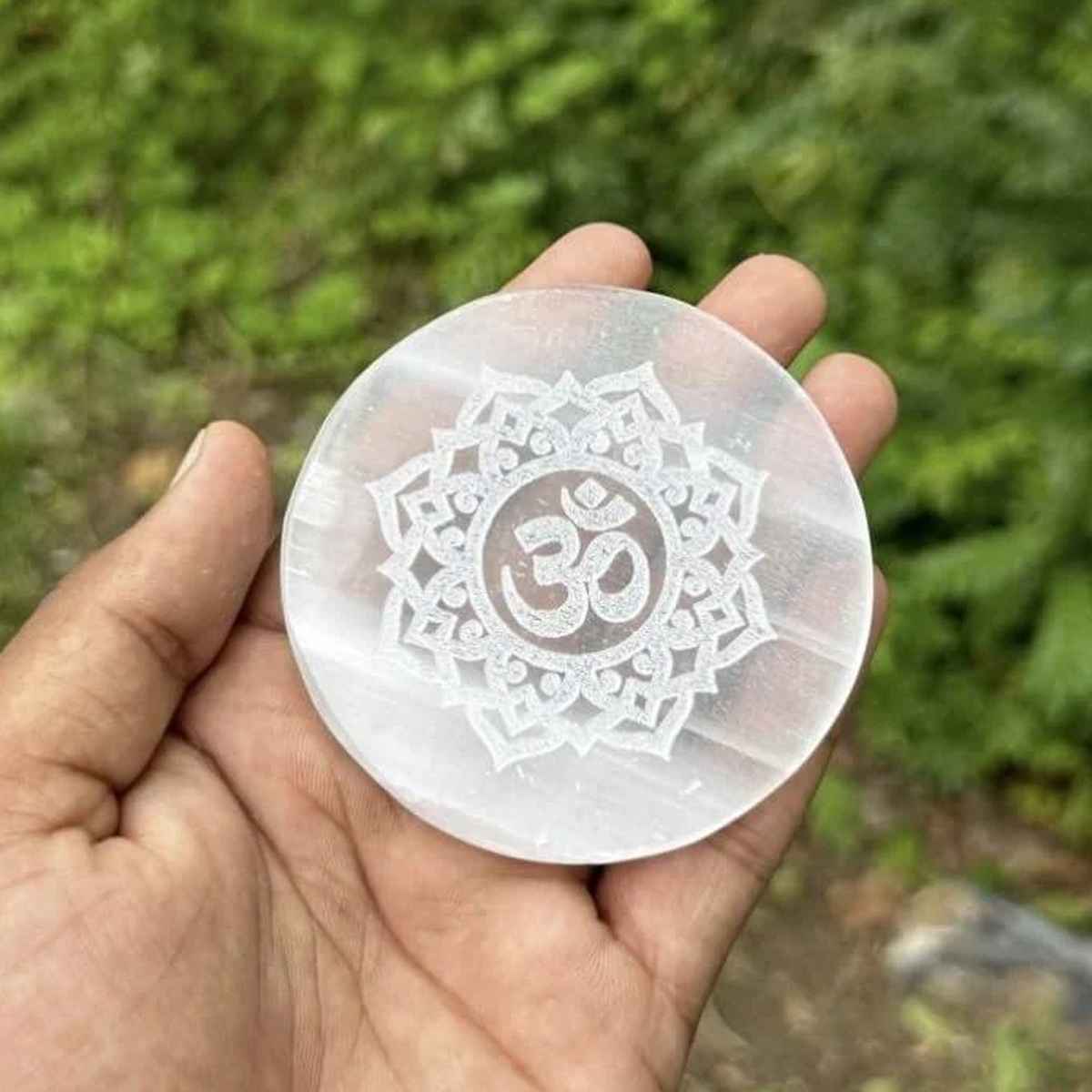 Om Flower Of Life Selenite Charging Plate By Rratnanidhii