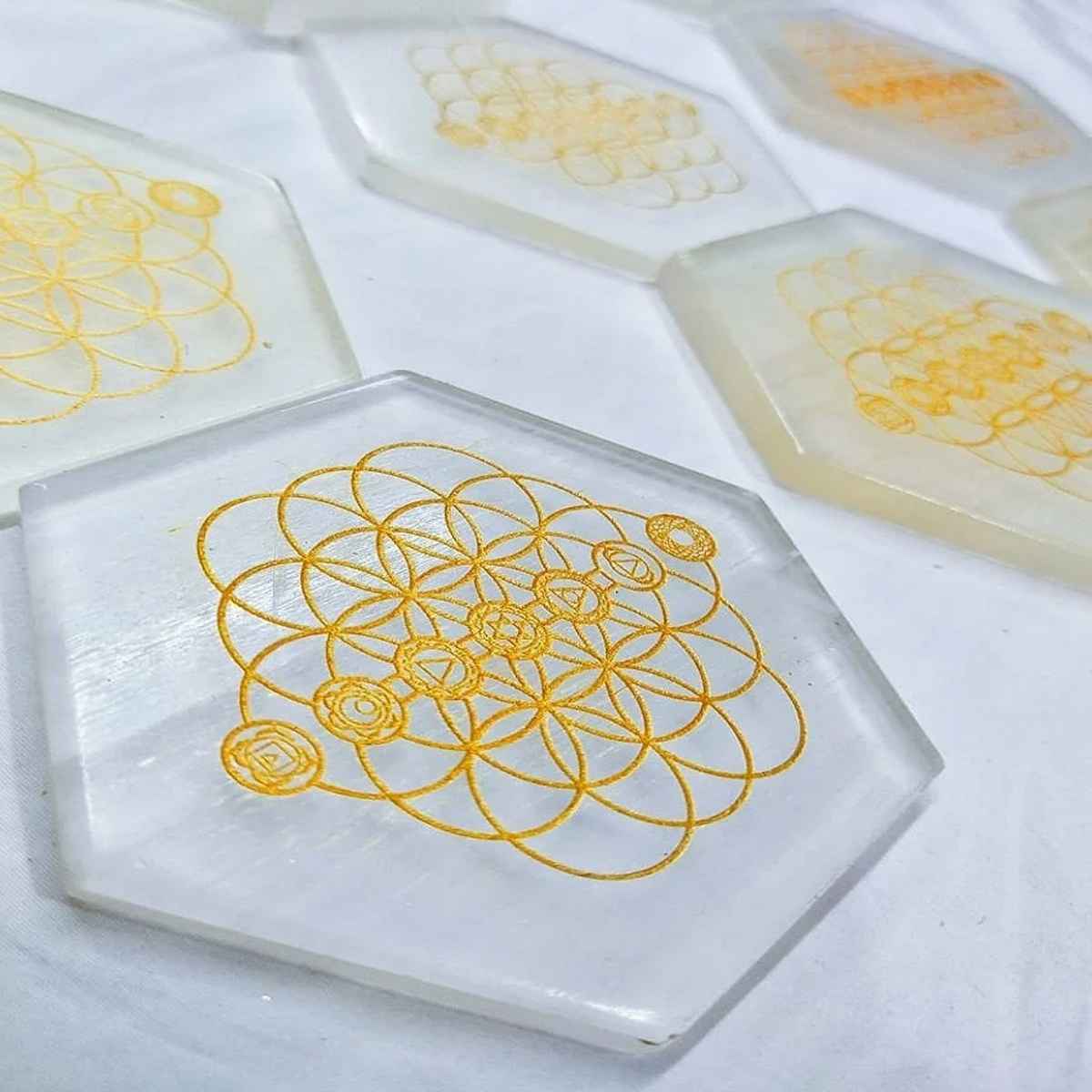 Hexagon Engraved Flower of Life Selenite Plate By Ratnanidhii
